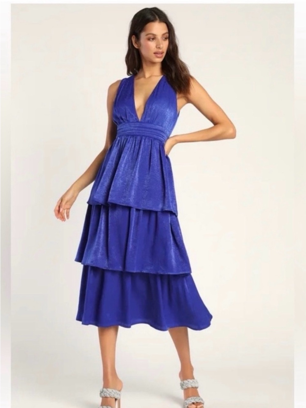 NWT Lulus Sleeveless Deep V-Tiered Midi Dress in Royal Blue